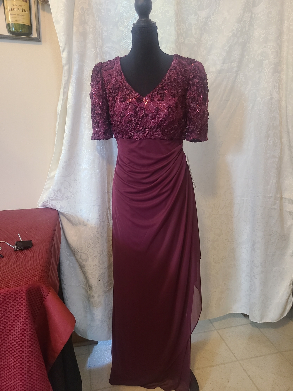 Alex Evenings Wine Sequin Lace Maxi Gown